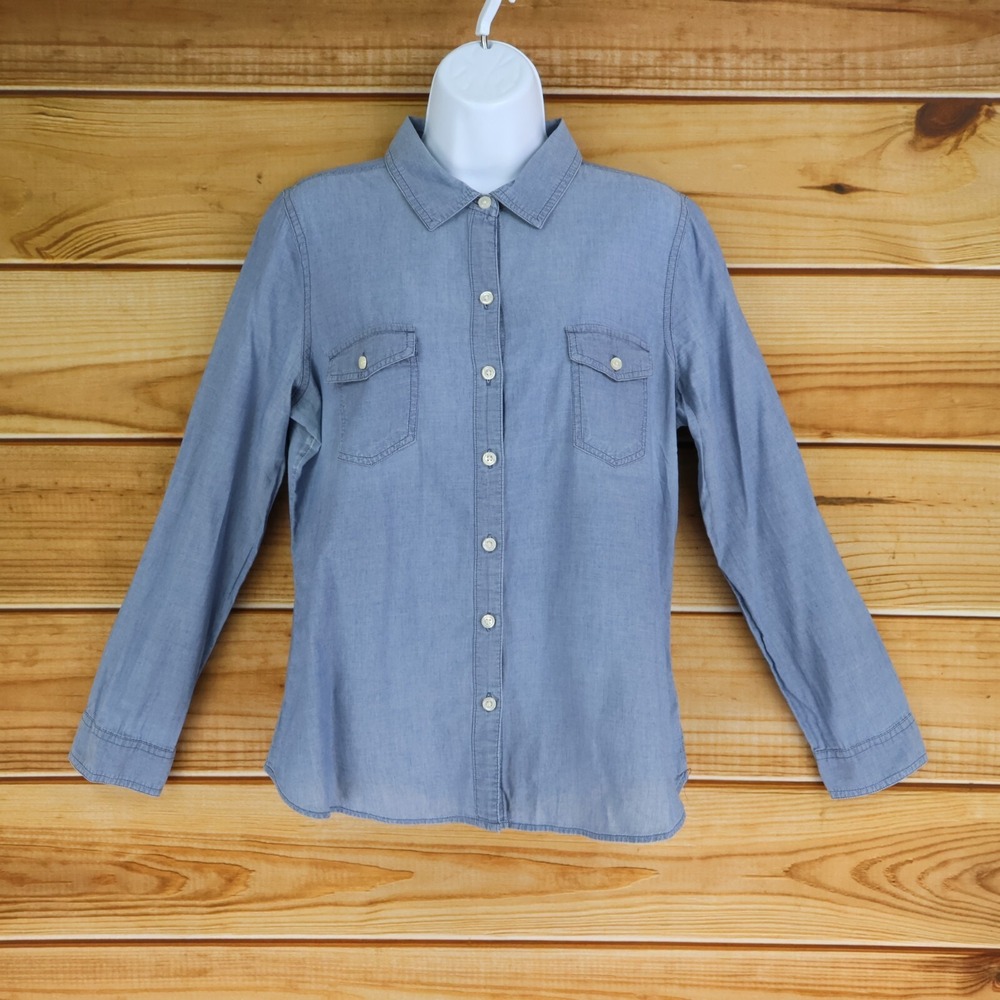 Old Navy Long Sleeve Button Up Shirt Womens M Blue 100% Cotton Pockets Collared